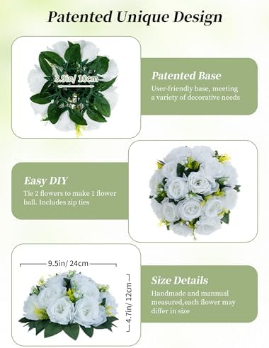 BLOSMON White Flowers for Wedding Centerpieces: 10 Pcs, 15 Faux Silk Roses - Image 6