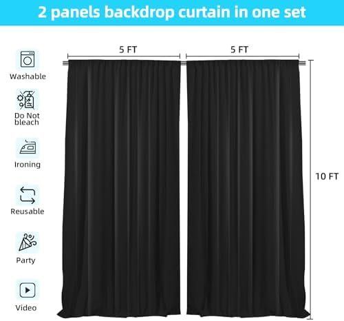 Black Backdrop Curtain, 10x10ft, 5x10ft 2 Panels - Image 2