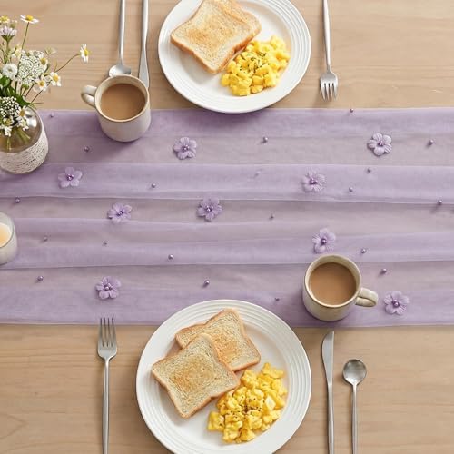 Artoid Mode Purple Flower Pearl Purple Gauze Table Runner 10FT, Seasonal Sheer Dining Holiday Wedding Birthday Baby Shower Table Decor for Home Party - Image 4