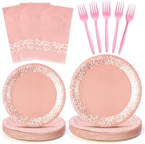96Pcs Pink Platos De Barro Mexicanos Cielito Lindo Terracotta Clay Party Plates Supplies Tableware Decorations Disposable Paper Plates Napkins Forks for Birthday Baby Shower, Serves 24 by G1ngtar