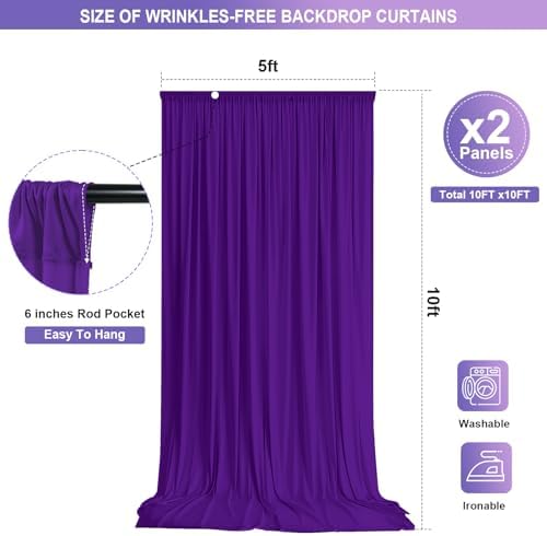 Purple Backdrop Curtain -10x10FT Drapes for Backdrop Wrinkle-Free Soft Polyester Back Drop Wedding Decorations Photoground Back Drop Stain-Resistant for Halloween Back Drop Stand, 2 Panels - Image 2