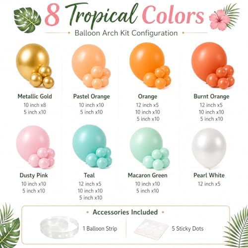 Tropical Balloon Arch Kit, 149 PCS Hawaiian Luau Balloons Garland Pink Teal Orange Coral Metallic Gold Latex Balloons for Flamingo Summer Aloha Beach Pool Baby Shower Birthday Party Decorations - Image 2