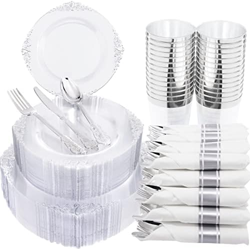 Morejoy 350PCS Clear Silver Plastic Plates - Silver Disposable Plates sets by Morejoy