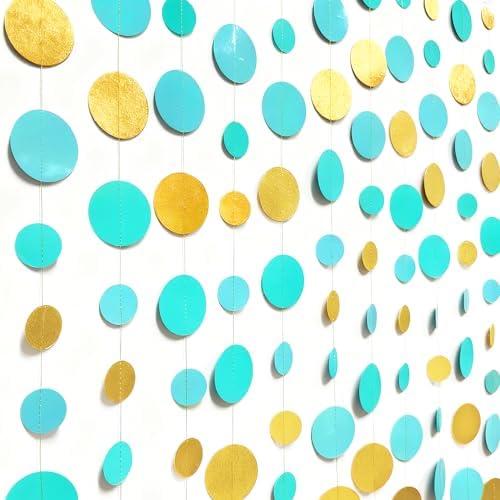 Teal Gold Party Polka Dot Garland Banner Aqua Turquoise Glitter Gold Hanging Paper Circle Dots Streamer for Birthday Wedding Shower Engagement Bridal Shower Retirement Party Decorations Supplies - Image 4