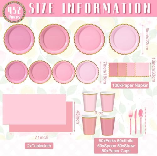 Vesici 452 Pcs Pink Party Decorations Disposable Tableware Set for 50 Guest - Image 3