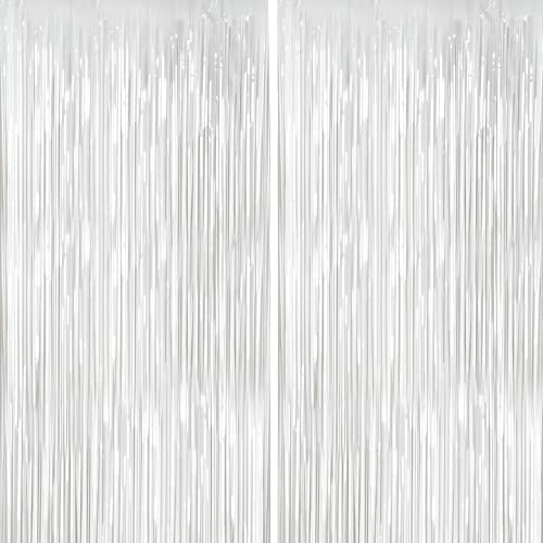 4 Packs White Foil Fringe Curtain, White Glitter Metallic Tinsel Backdrop for Birthday Wedding Baby Shower Bachelorette Graduation Christmas Halloween Party Decorations Supplies by BSRESIN