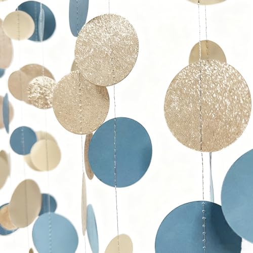 Champagne Gold Dusty Blue Beige Circle Dot Garland Hanging Paper Polka Dot Streamer for Men Birthday Wedding Bridal Shower Retirement Engagement Bachelorette Party Decorations Supplies - Image 3