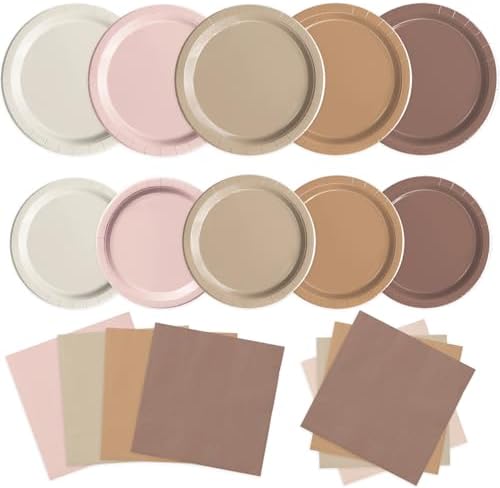 Oigco 60 PCS Brown Paper Plates Boho Baby Shower Decorations Gradient Brown Plates and Napkins for Birthday Wedding Boho Baby Shower Bridal Shower Party Supplies by Oigco