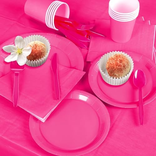 229PCS Hot Pink Party Supplies Set - Paper Disposable Plates Cups Plastic Spoons Forks Knives Napkins Serve 30 Guests - Image 4