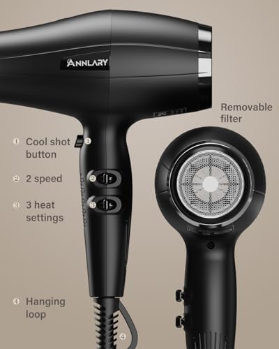 ANNLARY Professional 1875W Hair Dryer with Diffuser, Ionic Blow Dryer, Powerful AC Motor Hairdryer with 8.2Ft Cord for Women & Men, Fast-Drying Blow Dryer with Nozzle for Home, Salon - Image 7