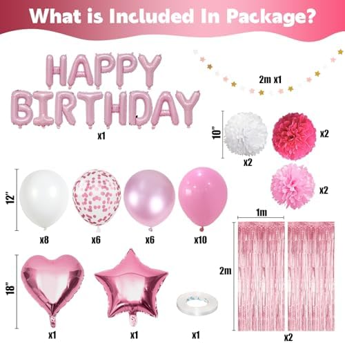 Pink Birthday Decorations for Girls, Pink White Party Balloons Happy Birthday Banner Balloon Star Heart Foil Balloon Fringe Curtain Paper Pompom for Women Bday Party Supplies - Image 3