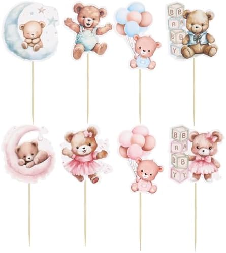 Gyufise 32Pcs Baby Shower Bear Cupcake Toppers Moon Baby Bear Baby Shower Cake Topper Decorations Jungle Animal Theme Birthday Party Cake Supplies Blue Pink - Image 4
