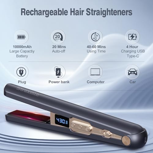 Cordless Hair Straightener, 10000mAh Rechargeable Flat Iron Portable Travel Straightener with Negative Ion, LED Screen & 3D Floating Plates, 2 in 1 Straightener and Curler (Dark Blue + Gold) - Image 6