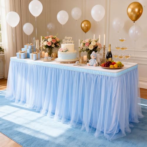 THARAHT Tulle Table Skirt 14FT 420CM Long for Rectangle Tables Round Tables Ruffle Desk Skirt for Princess Girls Birthday Party Cake Dessert Decorations Table Skirt - Image 5