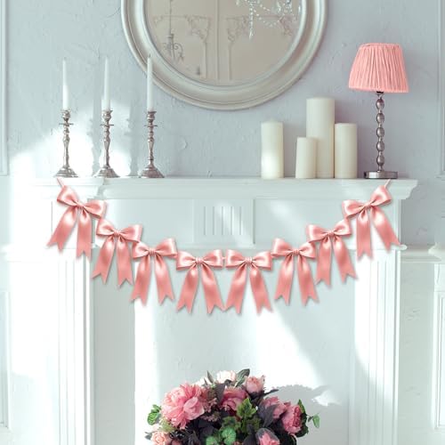 1 String of 8PCS Rose Pink Bow Garland Banner Decoration,Pre-Strung Satin Ribbon Ornaments for Birthday,Bachelorette Party,Bridal Shower,Wedding,Engagement,Baby Shower,Graduation Decor,Anniversary - Image 7