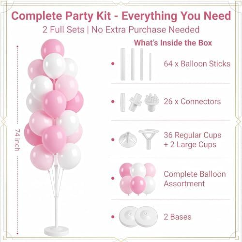HIINS Baby Pink Chrome Balloon Column Kit Set of 2 with Base for Birthday Party - Image 2