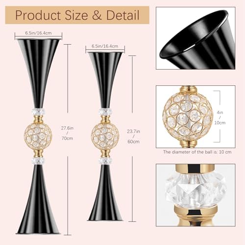 VIJIV Black Tall Crystal Flower Vases for Centerpiece - 28'' Large Trumpet Vase for Bouquet Skinny Decorative, Floor Vase Flower Stand for Party Event, Dining Table Décor, Bridal Shower, Wedding - Image 3