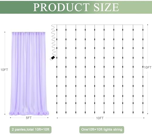 Tulle Backdrop Curtain with Lights 10x10FT Lavender Sheer Curtains - Image 2