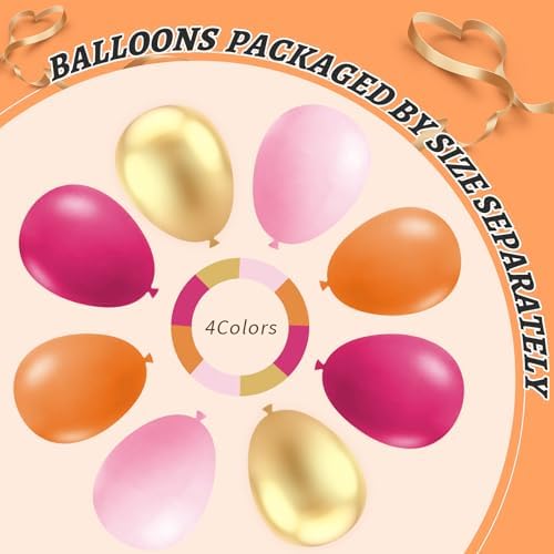 Pink and Orange Balloon Arch Kit,412Pcs Hot Pink Orange Metallic Gold Latex Balloon Garland kit 18 12 10 5 Inch Different Size Balloons for Birthday Wedding Tropical Summer Party Decorations - Image 4