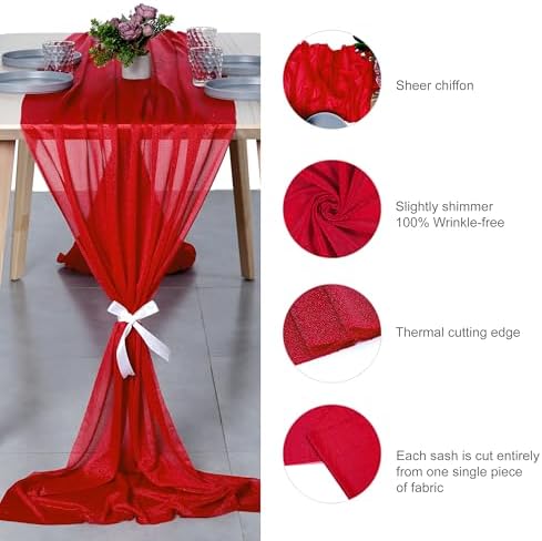 Pack of 12 Chiffon Table Runners 29 x 120 Inch, 14FT Long - Red - Image 6