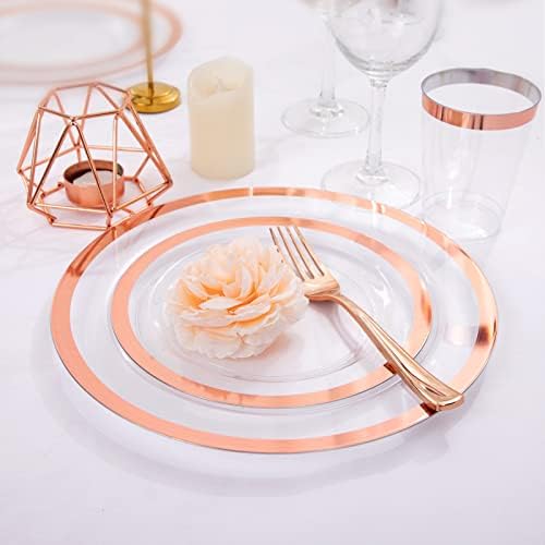 YOUBET 175PCS Rose Gold Plastic Plates - Clear Plastic Plates Disposable with Rose Gold Rim includes 50 Plates, 25Forks, 25Knives, 25Spoons, 25Cups, 25Napkins for Party & Wedding - Image 6