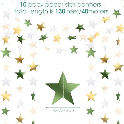 Patelai Glitter Star Garland Banner 2026 Party Decor 130 Feet Star Hanging Banner Twinkle Backdrop for Graduation Birthday Classroom Wedding Supplies(Sage Green, Gold, White) - Image 2