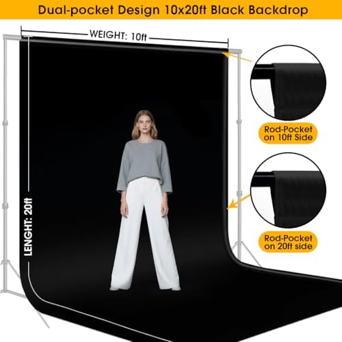 CPLIRIS 10x20ft Black Backdrop for Photography, Dual-Size Dual-Pocket Design Photo Booth Background for Portrait Photoshoot, Party and Video with Both Options of 10 feet and 20 feet in Width - Image 2