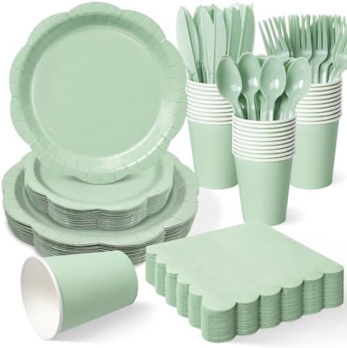 175 Pcs Sage Paper Plates and Napkins Party Supplies for 25 Guests, Food-Grade Thickened Disposable Tableware Set with Cutlerys, 7'' & 9'' Decagonal Plates for Engagement Party by Unknown