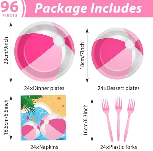 96 Pcs Pink Beach Ball Party Supplies Tableware Summer Pool Ball Party Paper Plates and Napkins Set Beach Birthday Party Favors Decorations for Kids Baby Shower Birthday Party Decor Serves 24 - Image 2