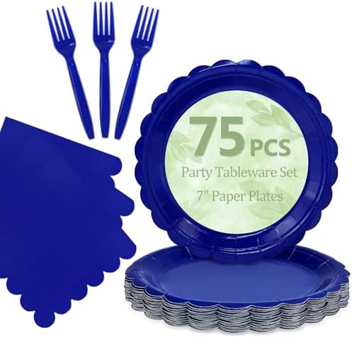 Mulbozy 75 Pcs Royal Blue Paper Plates and Napkins&Forks for Party,25-7" by Mulbozy