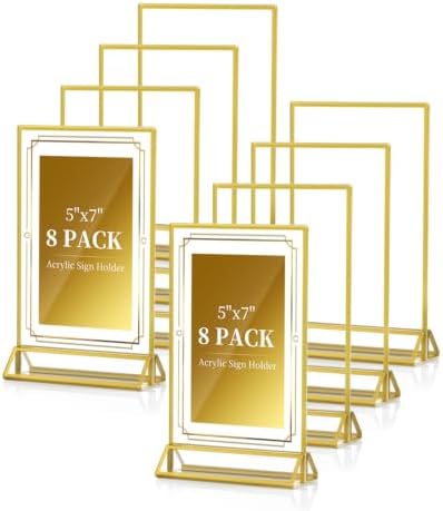 Dynta Acrylic Sign Holder 5x7in Double-Sided Display Stand with Gold Frame Clear Table Sign Holders for Wedding Party Restaurants Home Office(8 Pack) by Dynta
