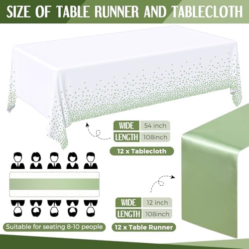 Breling 24 Pack White and Sage Green Tablecloths and Satin Table Runner Set - Image 2