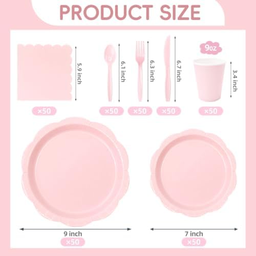 350 Pcs Light Pink Party Plates Cups and Napkins Set, Disposable Paper Dinnerware Set with 9” & 7” Plates, Cups and Napkins for Baby Shower, Bridal Shower, Tea Party, Christmas Party - Image 4