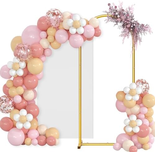 Arch Backdrop Stand and Cover Set, 6 x 2.6FT Gold Metal Wedding Arch for Ceremony, Heavy Duty Balloon Arch Stand with White Spandex Cover for Birthday Party, Baby Shower, Graduation, Event Decor by CLUDPARK