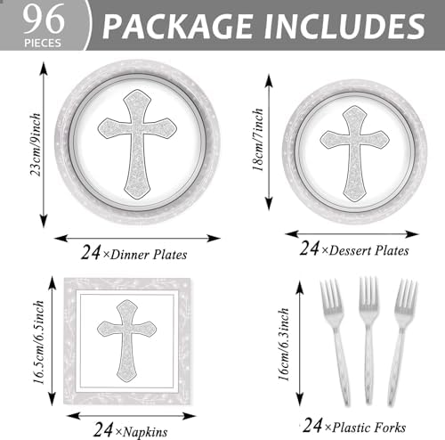 96Pcs Baptism Cross Plates and Napkins First Holy Communion Birthday Party Decorations Gray Religious Christening Ceremony Dessert Plates Tableware Set for 24 Guests Cross Baptism Party Supplies - Image 2