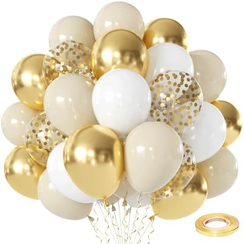 Sand White and Gold Confetti Balloons 50 Pcs 12 Inch by Vanjehou