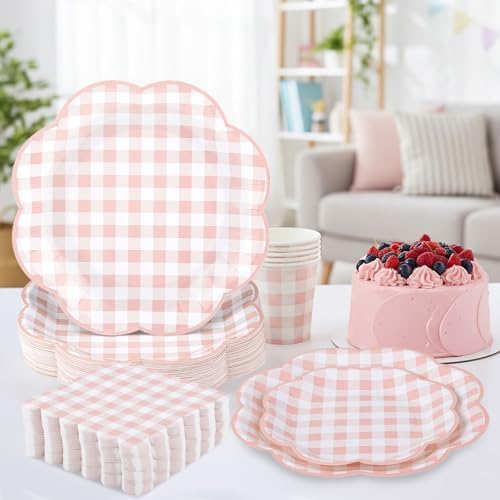 NatNarr 250 Pcs Pink Gingham Plates Set, Scalloped Pink and White Checkered Tableware Set Includes Disposable Plates Napkins and Cups for Wedding Birthday Picnic Baby Bridal Shower - Image 4
