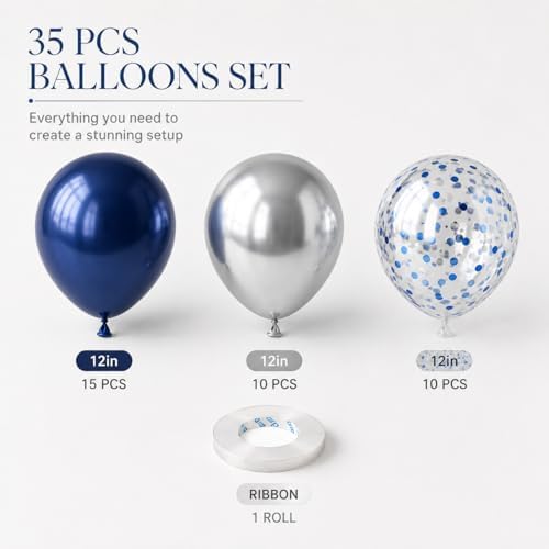 Navy Blue and Silver Balloons, 12 Inch Dark Midnight Blue Metallic Silver Latex Balloons Set for Boys Baby Shower Men Birthday 2026 Graduation Fathers Day Anniversary Denim Party Decorations - Image 2