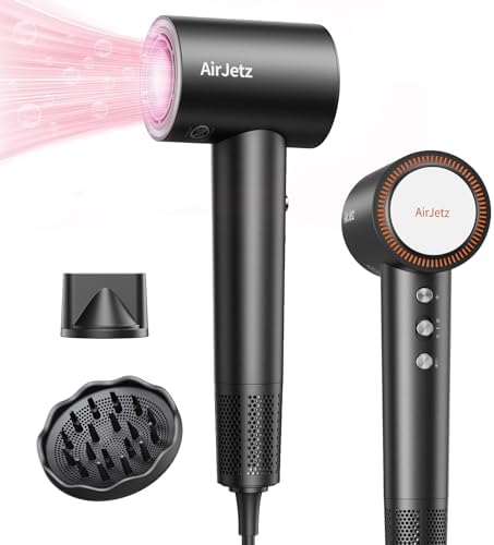 Hair Dryer, 160,000 RPM High-Speed Ionic Blow Dryer for Fast Drying, Professional Lightweight Hairdryer with Diffuser, Magnetic Nozzle, 4 Temps & 2 Speeds, Low Noise for Travel - Black by AirJetz