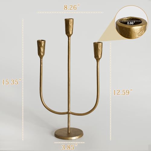 3-Candle Cast Iron Metal Candelabra Candlestick Holders 15 inch Tall Candle Holder Wedding Event Candelabra Candle Stand Brass Gold - Image 2