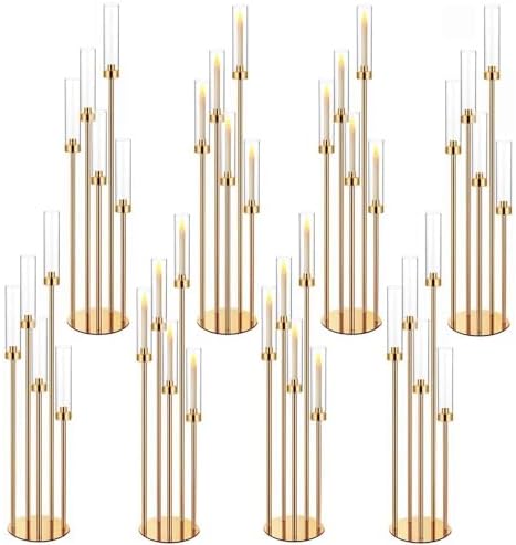 42.5in Gold Candelabra Centerpieces for Tables Candlestick Holders Decor Wedding Centerpiece Table Decorations 5 arm Candle Holder Set of 8 Acrylic lampshade Fit 0.9" LED Candle by MEISHAONV