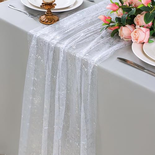Snowkingdom White Silver Table Runner Gauze Sheer Tulle 10 FT 120 Inch Sparkly Metallic Foil Glitter Sequin Party Table Decor Centerpieces for Party Wedding Bridal Baby Shower Christmas New Year by Snowkingdom