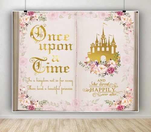 10x8ft Once Upon a Time Backdrop Fairy Tale Books Princess Girls Birthday Banner Decorations Pink Flower Gold Castle Background Fairytale Wedding Portrait Photo Booth Prop - Image 4