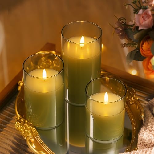 Tyawon Glass Battery Operated LED Flameless Candles with Remote and Timer, Real Wax Candles Warm Color Flickering Light for Festival Wedding Home Party Decor(Pack of 3)-Green - Image 5