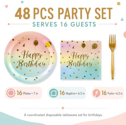 48PCS Happy Birthday Plates and Napkins Party Supplies, Colorful and Gold Disposable Paper Plates and Napkins with Forks Tableware Set for Birthday Party Decorations 16 Guests (Colorful) - Image 2