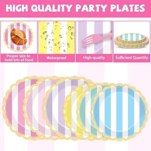 96Pcs Pastel Stripe Party Supplies Pastel Paper Plates Napkins Stripe Ice Cream Party Tableware Set Pastel Dinnerware for Girl Birthday Party Baby Shower Decoration Serve 24 (Scalloped) - Image 3