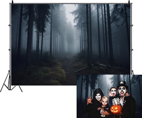 Dark Misty Forest Backdrop for Horror Halloween Eve Party Black Spooky Foggy Woods Pathway Scary Movie Pine Tree Background Nature Photography Studio Photo Booth Props 10x7ft by CRTPODHomeDecor