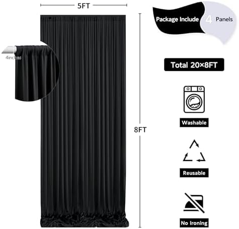 20 ft x 8 ft Black Backdrop Curtain for Parties, 4 Panels 5 ft x 8 ft Wrinkle Free Polyester Photo Black Backdrop Drapesfor Graduations Birthday Wedding Party Stage Curtains Home Decoration Supplies - Image 5