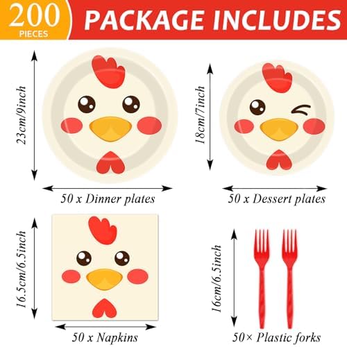 gisgfim 50 Guests Chicken Party Decorations Chicken Plates and Napkins Chicken Party Decoration For Birthday Party Plates Tableware Set Chicken Theme Party Paper Plates Napkins Forks 200 PCS - Image 2