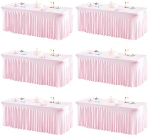 6 Packs Baby Pink Spandex Tableclothes for 8 Foot Rectangle Table, Spandex Table Covers 8FT Stretch Table Skirts Rectangle Wrinkle Free Fitted Table Cover for Event, Wedding, Banquet & Parties by Shillance